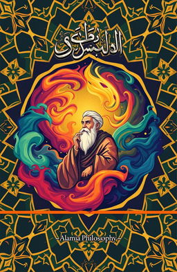 A book cover design showcasing Islamic philosophy, featuring an intricate geometric pattern inspired by Islamic art as a background