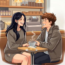 A realistic and engaging conversation scene between two people in a cozy coffee shop