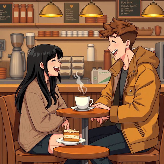 A realistic and engaging conversation scene between two people in a cozy coffee shop