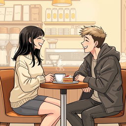 A realistic and engaging conversation scene between two people in a cozy coffee shop