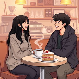 A realistic and engaging conversation scene between two people in a cozy coffee shop