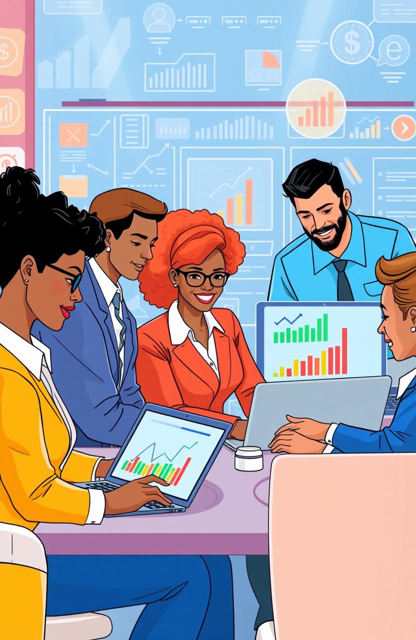 A vibrant and dynamic digital illustration depicting a guild of insurance agents collaborating online to maximize their profits