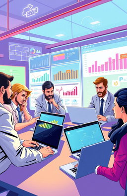 A vibrant and dynamic digital illustration depicting a guild of insurance agents collaborating online to maximize their profits