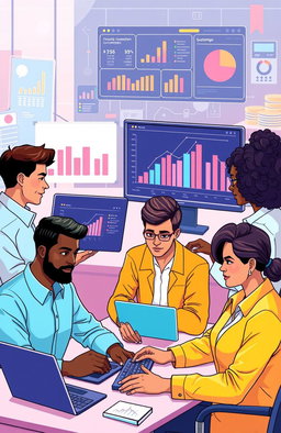 A vibrant and dynamic digital illustration depicting a guild of insurance agents collaborating online to maximize their profits
