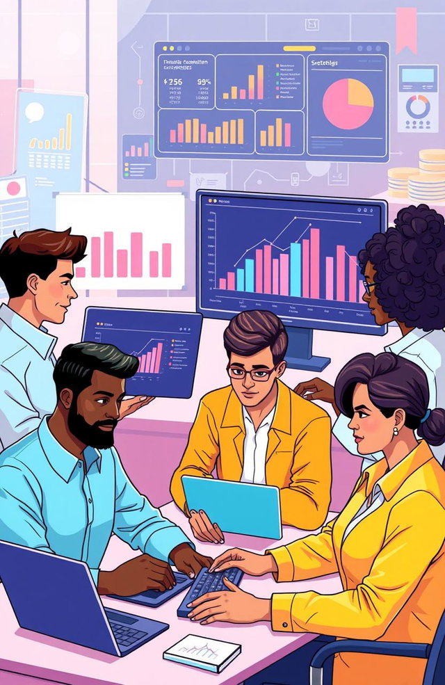 A vibrant and dynamic digital illustration depicting a guild of insurance agents collaborating online to maximize their profits