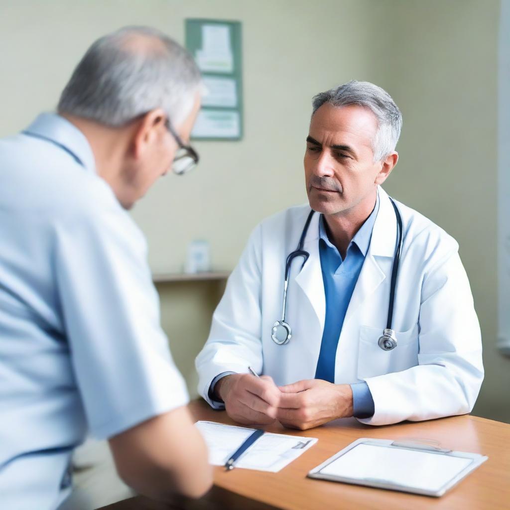 A sincere and empathetic doctor discussing health concerns with a patient in a calm, comforting, and clean medical room.