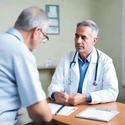 A sincere and empathetic doctor discussing health concerns with a patient in a calm, comforting, and clean medical room.