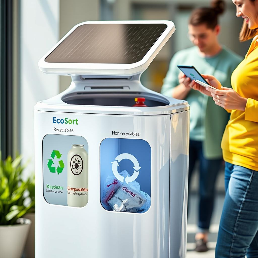 A futuristic and eco-friendly smart trash bin named EcoSort, designed to segregate trash effectively