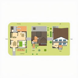 A detailed and realistic floor plan illustration showcasing three distinct houses situated on a single lot