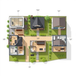 A detailed and realistic floor plan illustration showcasing three distinct houses situated on a single lot