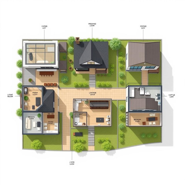 A detailed and realistic floor plan illustration showcasing three distinct houses situated on a single lot
