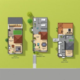 A detailed and realistic floor plan illustration showcasing three distinct houses situated on a single lot