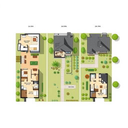 A detailed and realistic floor plan illustration showcasing three distinct houses situated on a single lot