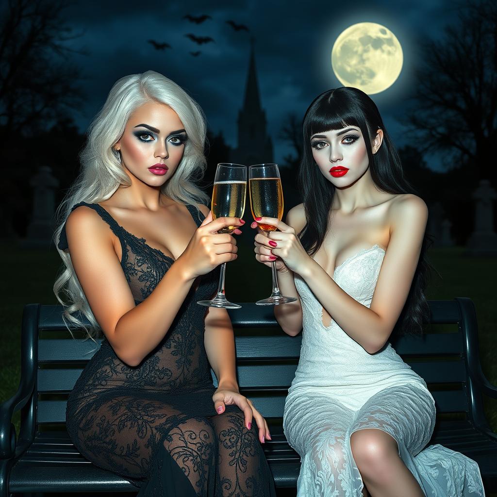 A very beautiful, attractive, stunning, curvy shapely girl with white hair, dressed in a tight low-cut black lace gown, featuring frosted blue eye shadow, thick black eyeliner, mascara, long black eyelashes, and bright pink lipstick, with a serious expression