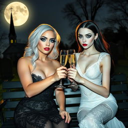A very beautiful, attractive, stunning, curvy shapely girl with white hair, dressed in a tight low-cut black lace gown, featuring frosted blue eye shadow, thick black eyeliner, mascara, long black eyelashes, and bright pink lipstick, with a serious expression