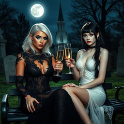 A very beautiful, attractive, stunning, curvy shapely girl with white hair, dressed in a tight low-cut black lace gown, featuring frosted blue eye shadow, thick black eyeliner, mascara, long black eyelashes, and bright pink lipstick, with a serious expression