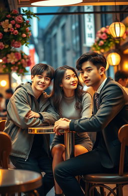 A romantic triangle scene featuring Kim Taehyung from BTS, Cha Eunwoo, and a 22-year-old Korean woman