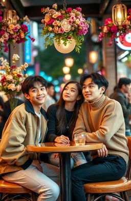 A romantic triangle scene featuring Kim Taehyung from BTS, Cha Eunwoo, and a 22-year-old Korean woman