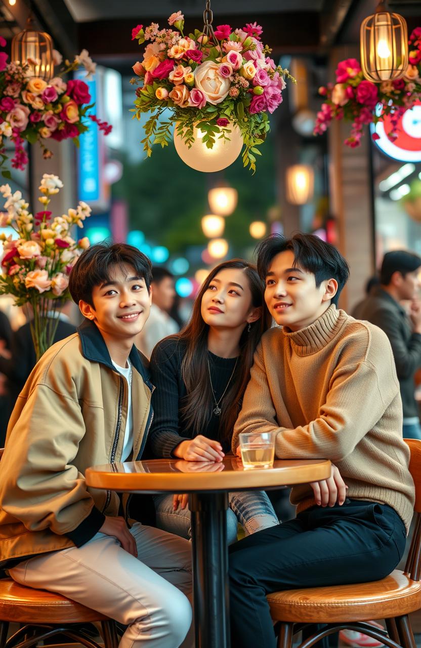 A romantic triangle scene featuring Kim Taehyung from BTS, Cha Eunwoo, and a 22-year-old Korean woman