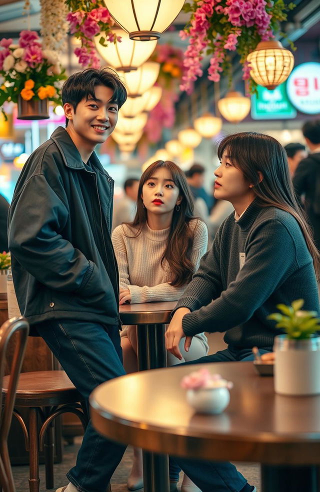 A romantic triangle scene featuring Kim Taehyung from BTS, Cha Eunwoo, and a 22-year-old Korean woman