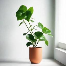 A vibrant money plant thriving in the North corner of a well-lit room with minimalist decor.