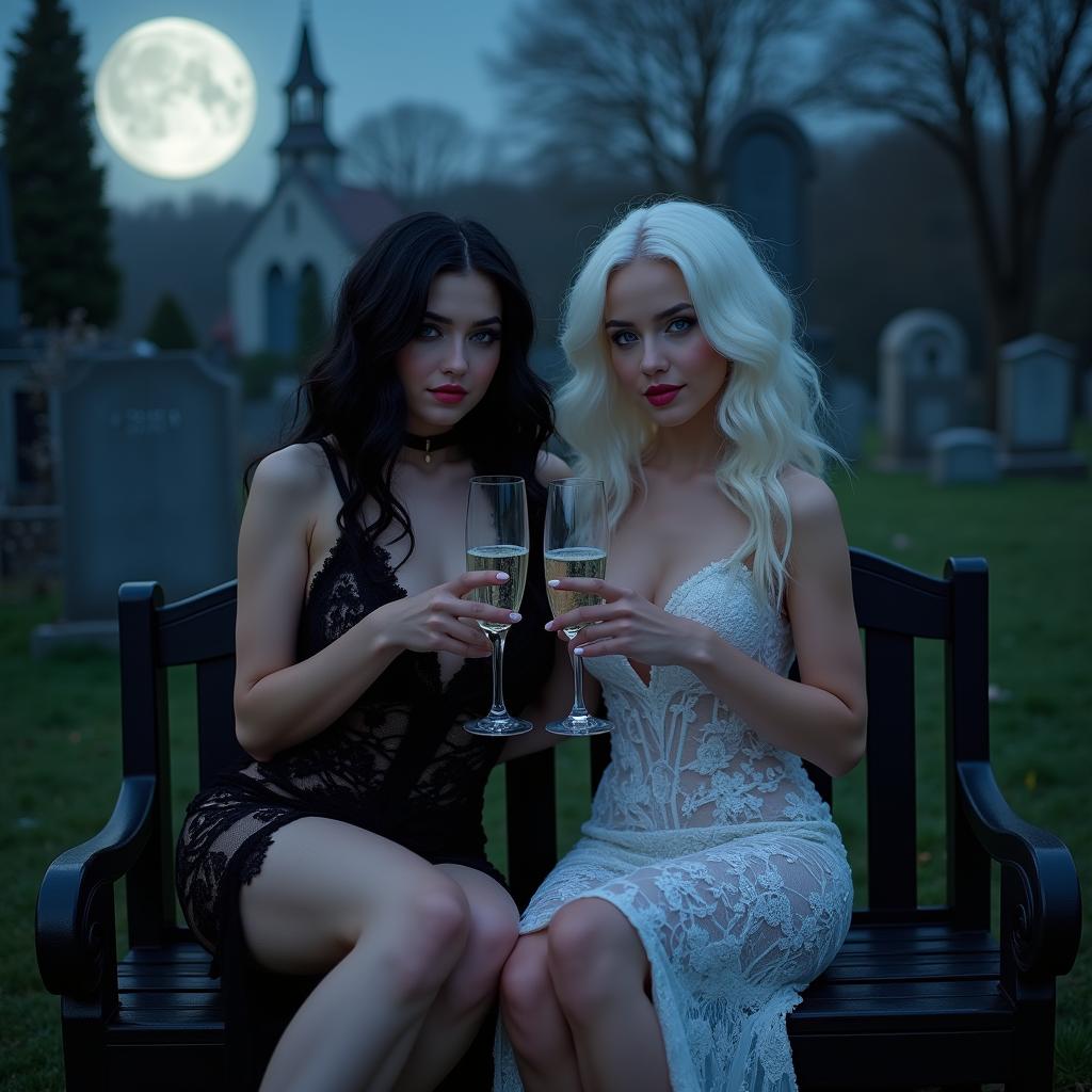 A very beautiful, attractive, stunning, curvy shapely, white-haired 18-year-old girl dressed in a tight low-cut black lace gown, with frosted blue eye shadow, thick black eyeliner, mascara, long black eyelashes, and bright pink lipstick