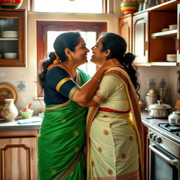 Two Tamil housewives, both in traditional attire, affectionately hugging and kissing in a warm, inviting kitchen
