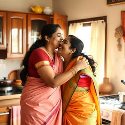 Two Tamil housewives, both in traditional attire, affectionately hugging and kissing in a warm, inviting kitchen