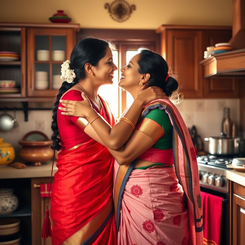 Two Tamil housewives, both in traditional attire, affectionately hugging and kissing in a warm, inviting kitchen
