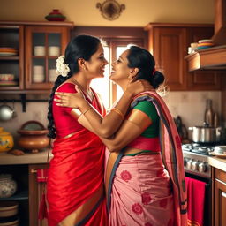 Two Tamil housewives, both in traditional attire, affectionately hugging and kissing in a warm, inviting kitchen