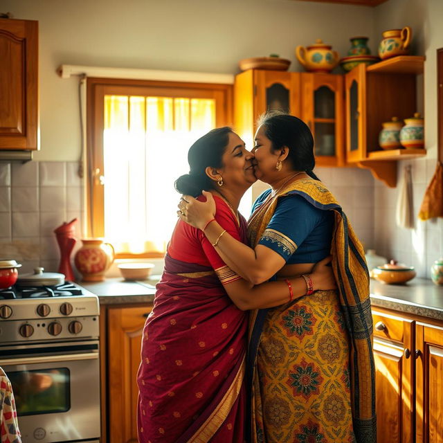 Two Tamil housewives, both in traditional attire, affectionately hugging and kissing in a warm, inviting kitchen