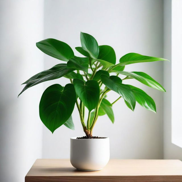 A vibrant money plant thriving in the North corner of a well-lit room with minimalist decor.