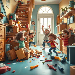 A whimsical scene depicting children energetically dismantling household objects, creating a light-hearted atmosphere of chaos
