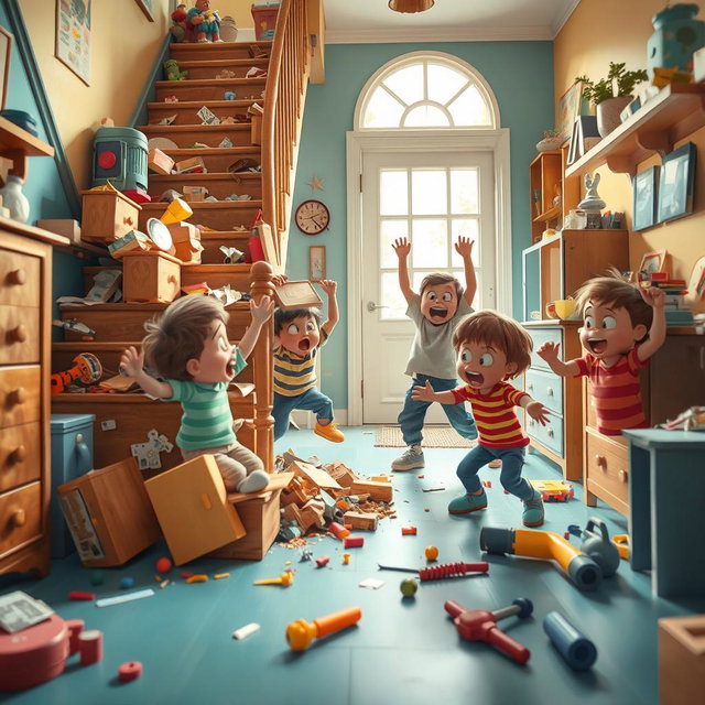 A whimsical scene depicting children energetically dismantling household objects, creating a light-hearted atmosphere of chaos