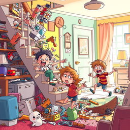 A whimsical scene depicting children energetically dismantling household objects, creating a light-hearted atmosphere of chaos