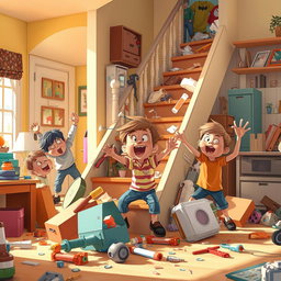 A whimsical scene depicting children energetically dismantling household objects, creating a light-hearted atmosphere of chaos