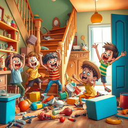 A whimsical scene depicting children energetically dismantling household objects, creating a light-hearted atmosphere of chaos