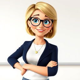 A Disney Pixar-style character of a pretty female teacher, age 50, with a stylish short bob haircut featuring blond highlights and expressive blue eyes