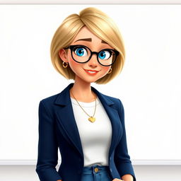 A Disney Pixar-style character of a pretty female teacher, age 50, with a stylish short bob haircut featuring blond highlights and expressive blue eyes
