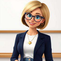 A Disney Pixar-style character of a pretty female teacher, age 50, with a stylish short bob haircut featuring blond highlights and expressive blue eyes