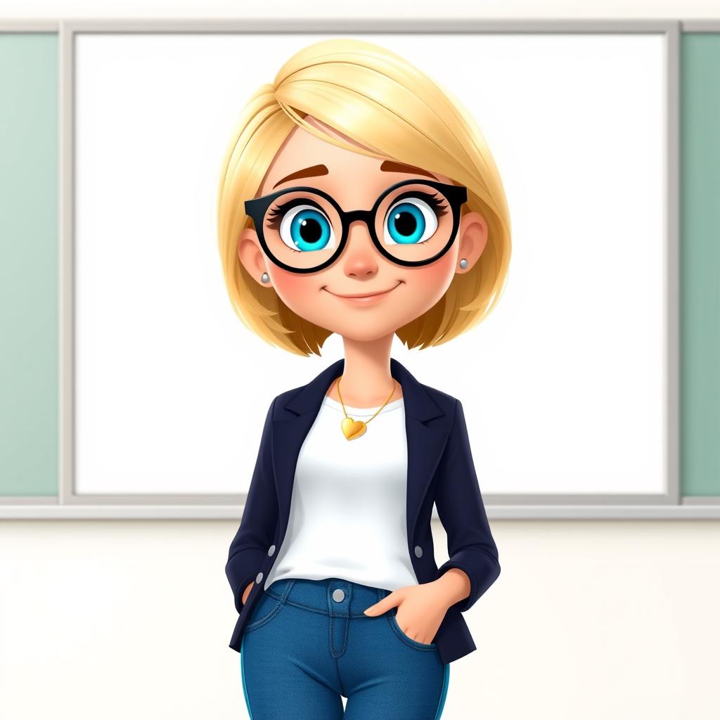 A Disney Pixar-style character of a pretty female teacher, age 50, with a stylish short bob haircut featuring blond highlights and expressive blue eyes