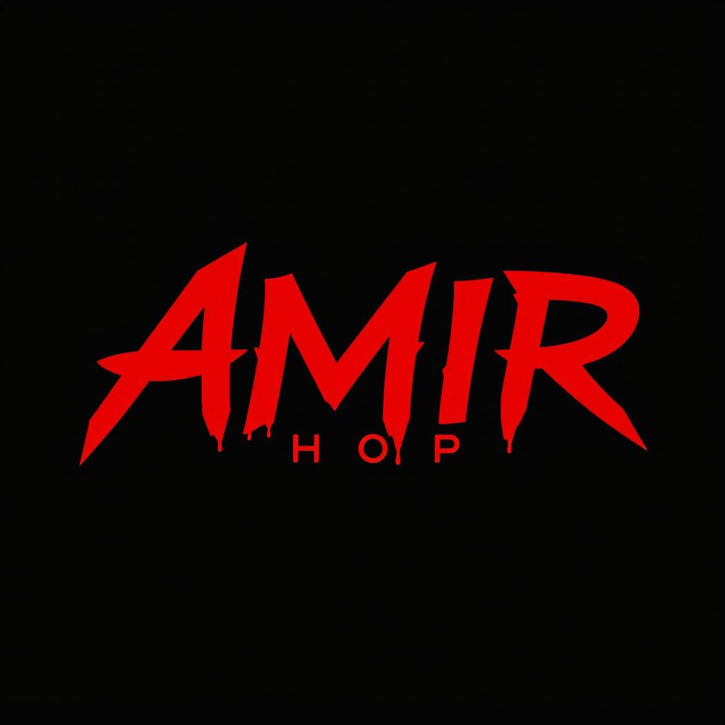 Design a logo that reads 'AMIR SHOP' in a striking blood red color against a solid black background