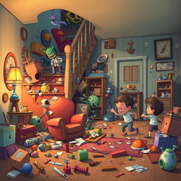 A whimsical and chaotic scene depicting a fantasy household where inanimate objects such as stairs, chairs, and other furniture elements are coming to life in rebellion against mischievous children engaged in demolition