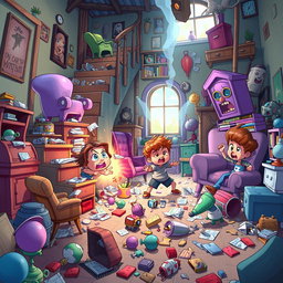 A whimsical and chaotic scene depicting a fantasy household where inanimate objects such as stairs, chairs, and other furniture elements are coming to life in rebellion against mischievous children engaged in demolition