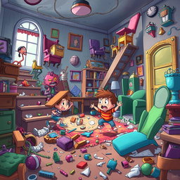 A whimsical and chaotic scene depicting a fantasy household where inanimate objects such as stairs, chairs, and other furniture elements are coming to life in rebellion against mischievous children engaged in demolition