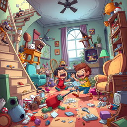 A whimsical and chaotic scene depicting a fantasy household where inanimate objects such as stairs, chairs, and other furniture elements are coming to life in rebellion against mischievous children engaged in demolition