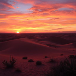 A breathtaking sunset over a vast desert landscape, showcasing rolling sand dunes illuminated by the warm glow of the golden hour
