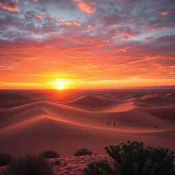 A breathtaking sunset over a vast desert landscape, showcasing rolling sand dunes illuminated by the warm glow of the golden hour