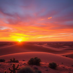 A breathtaking sunset over a vast desert landscape, showcasing rolling sand dunes illuminated by the warm glow of the golden hour