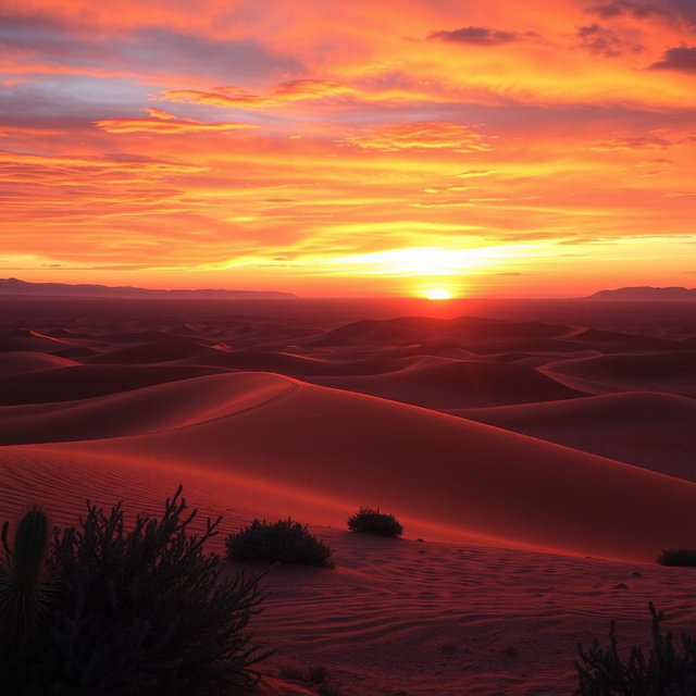 A breathtaking sunset over a vast desert landscape, showcasing rolling sand dunes illuminated by the warm glow of the golden hour
